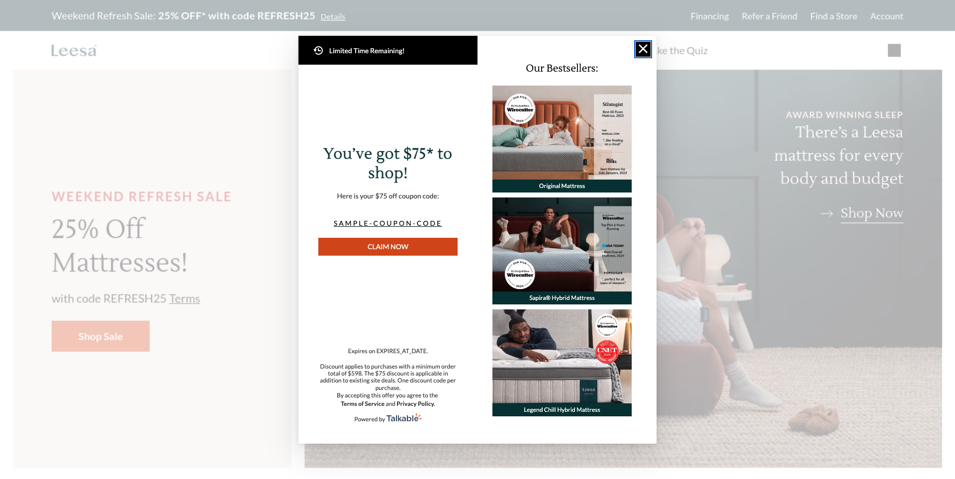 Leesa friend claim page for the President's Day referral offer
