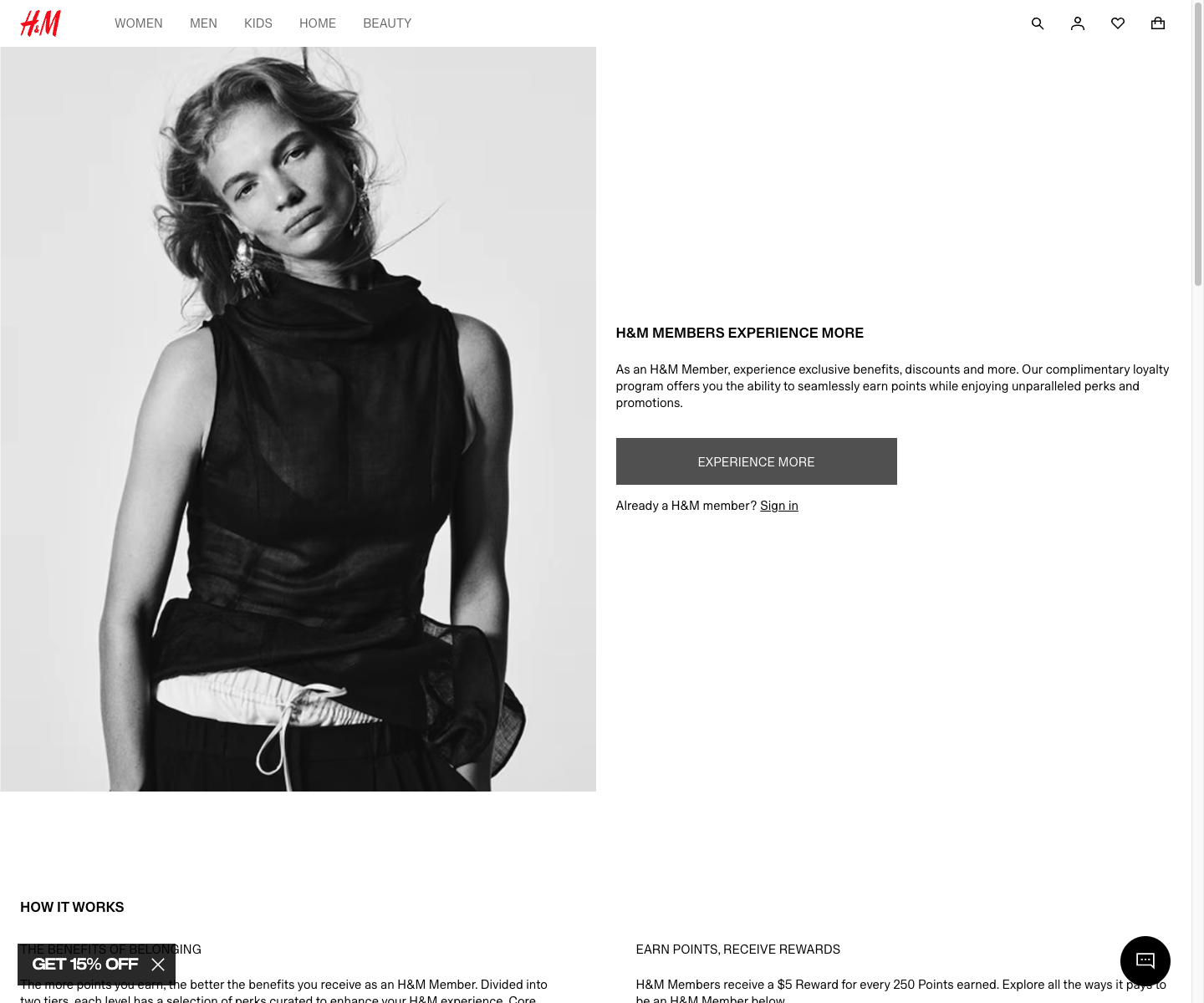 H&M Membership program page