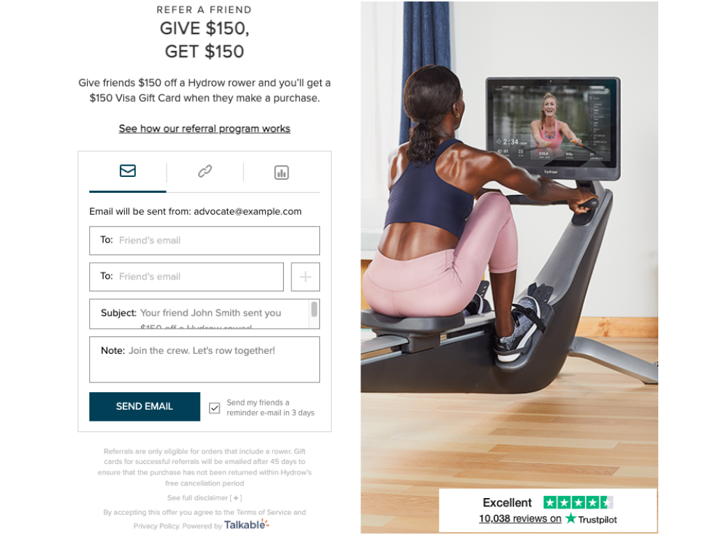 Hydrow desktop referral campaign