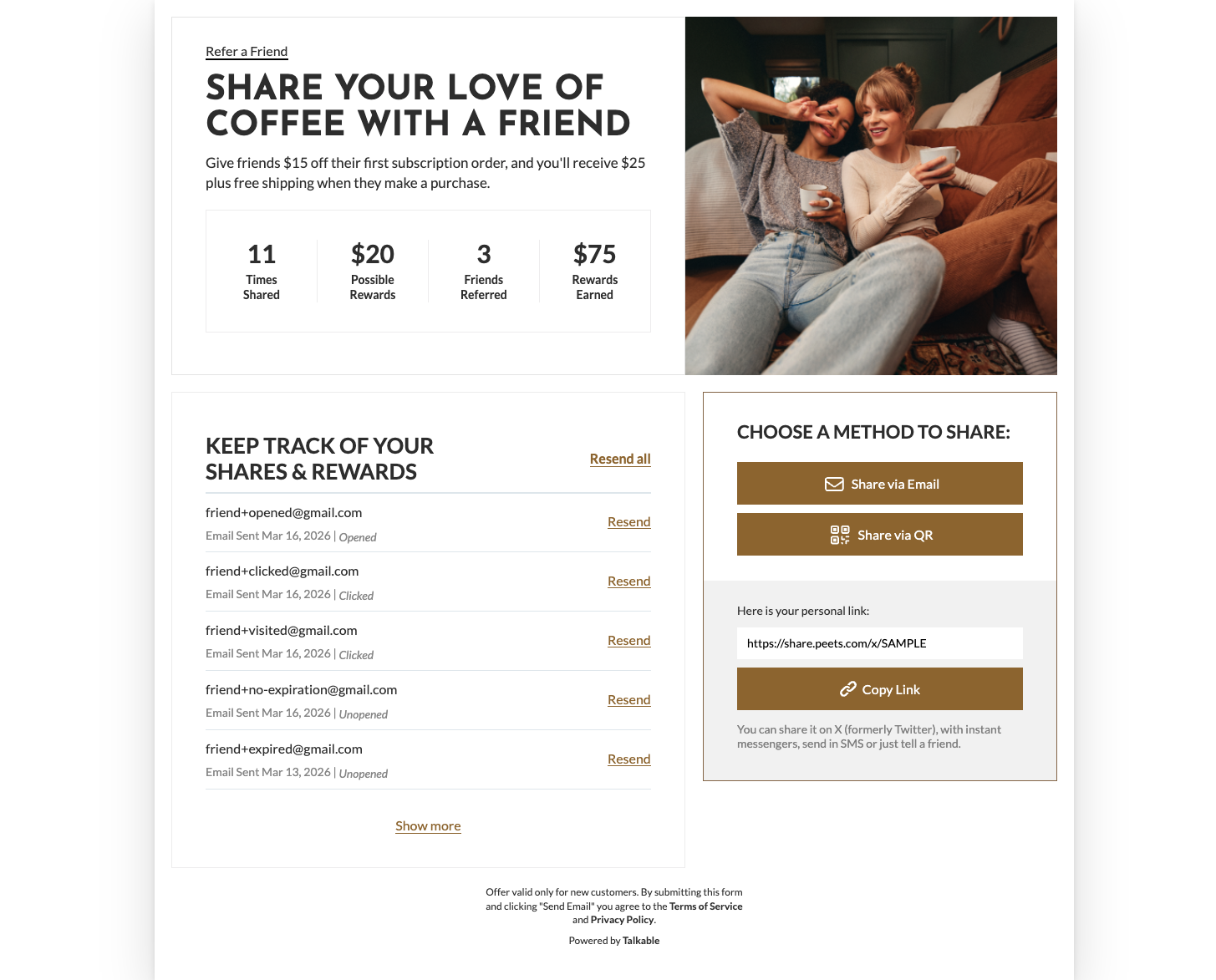 Peet's Coffee account dashboard referral tracker