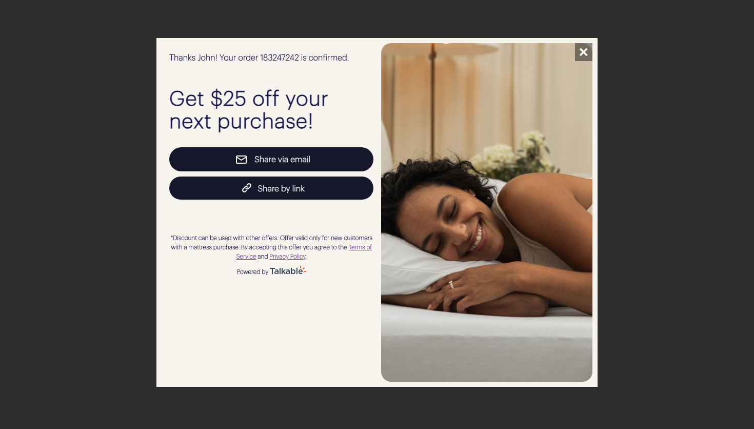 Purple post-purchase referral popup