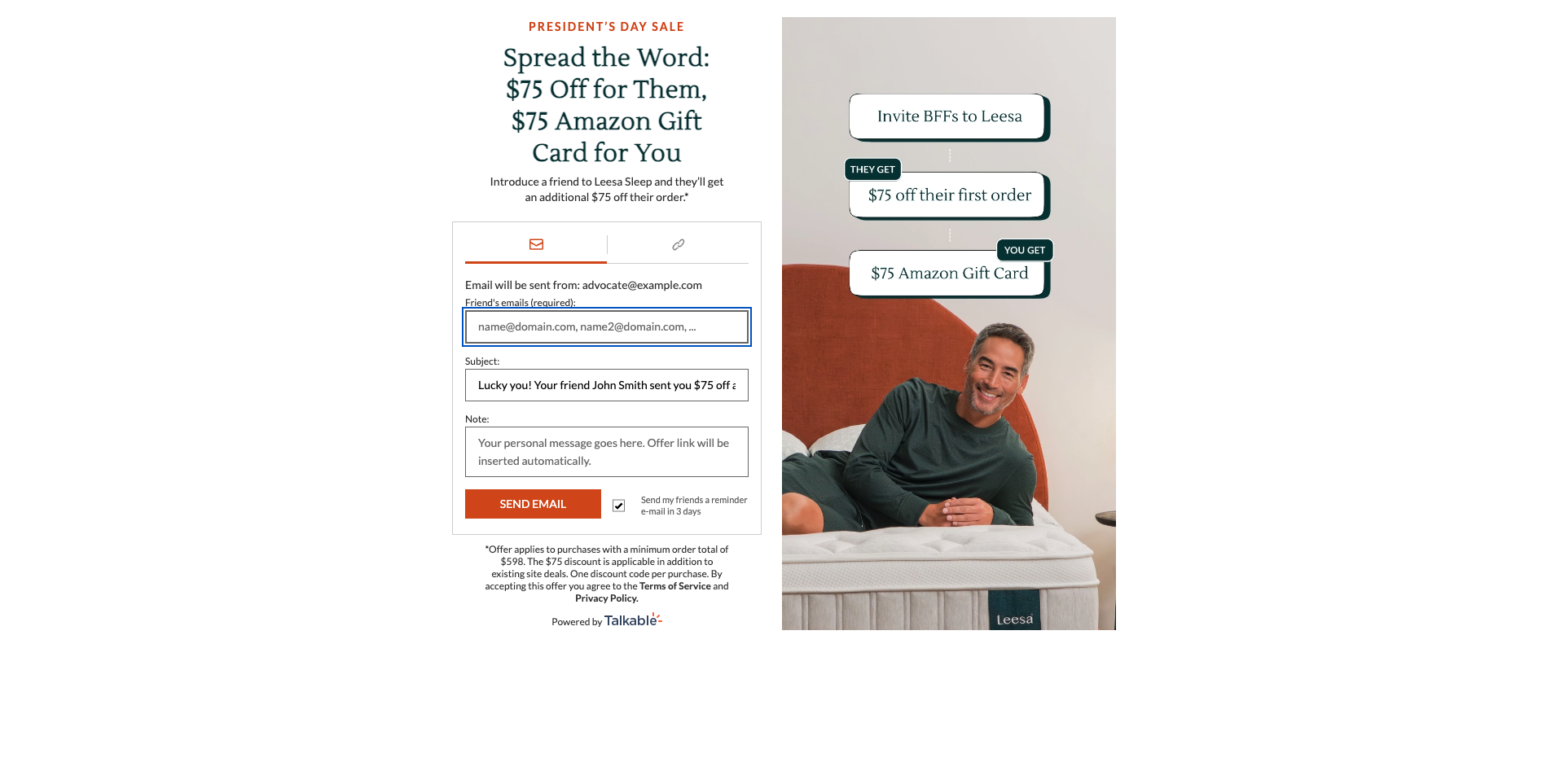 Leesa Sleep advocate share page showing President's Day referral offer