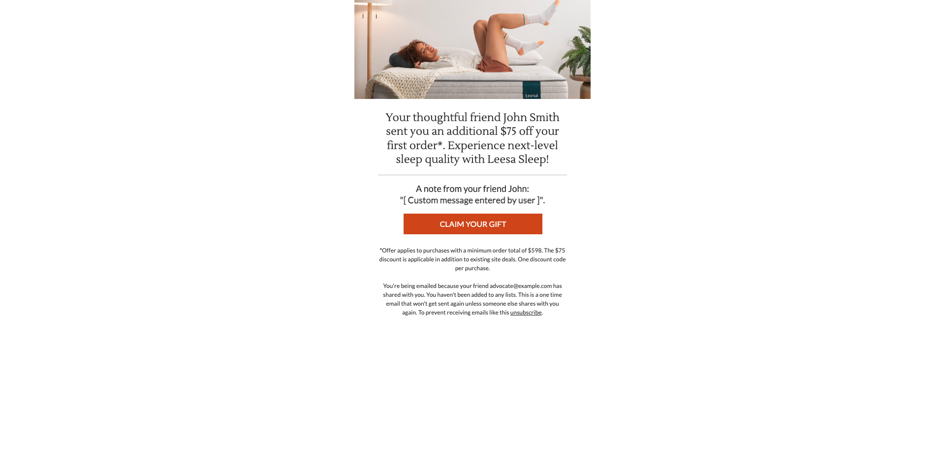 Leesa Sleep referral email with personalized friend message