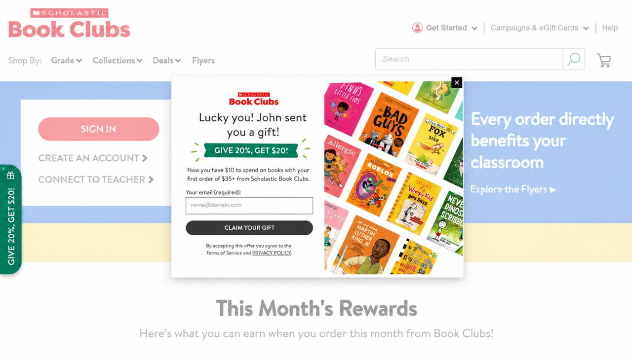Scholastic Book Clubs referral campaign example showing a gift offer modal on the storefront