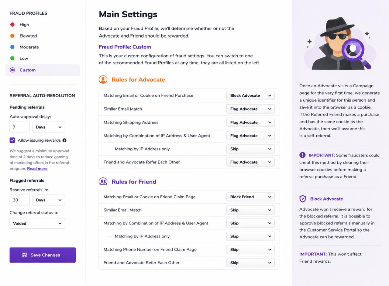 Talkable fraud profile settings showing custom advocate and friend rules