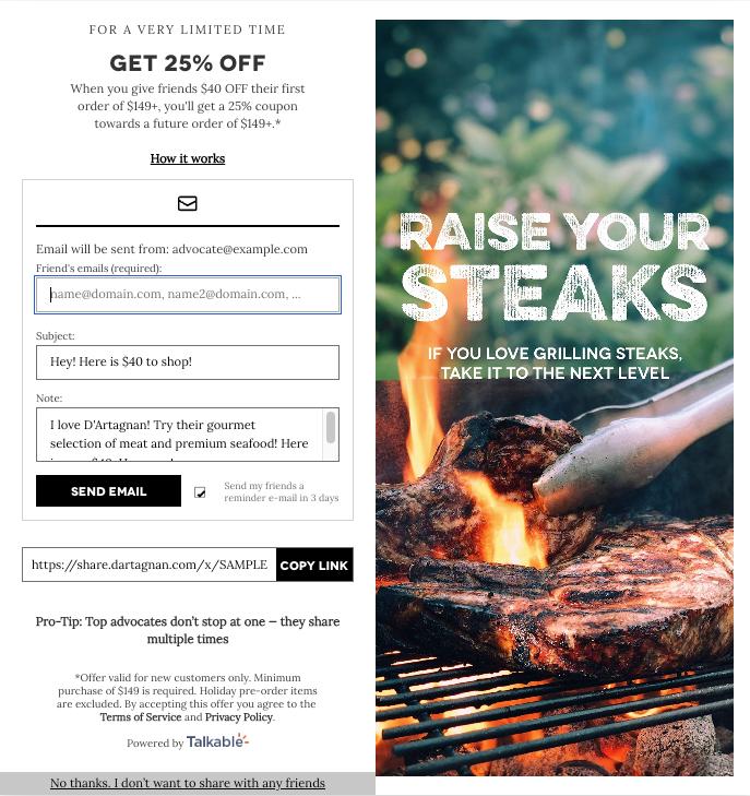 D'Artagnan referral campaign example showing a limited-time 25 percent off friend offer and share form