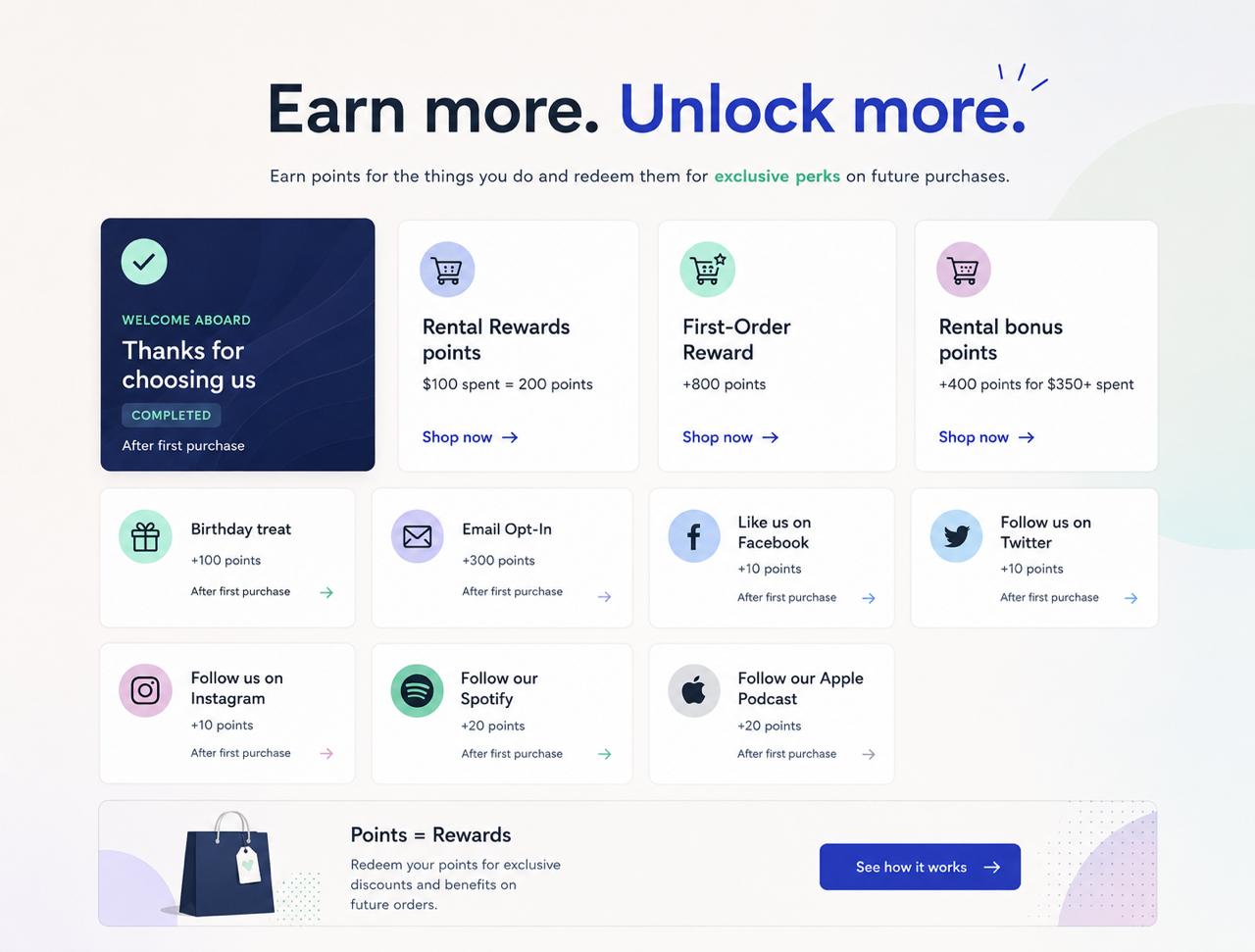 Ecommerce loyalty rewards page showing earn-more-points actions