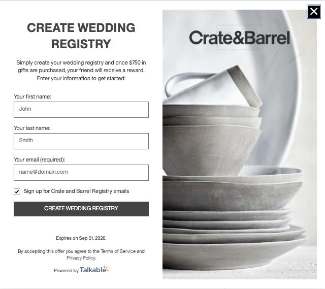 Crate and Barrel wedding registry campaign example showing a reward offer and signup form
