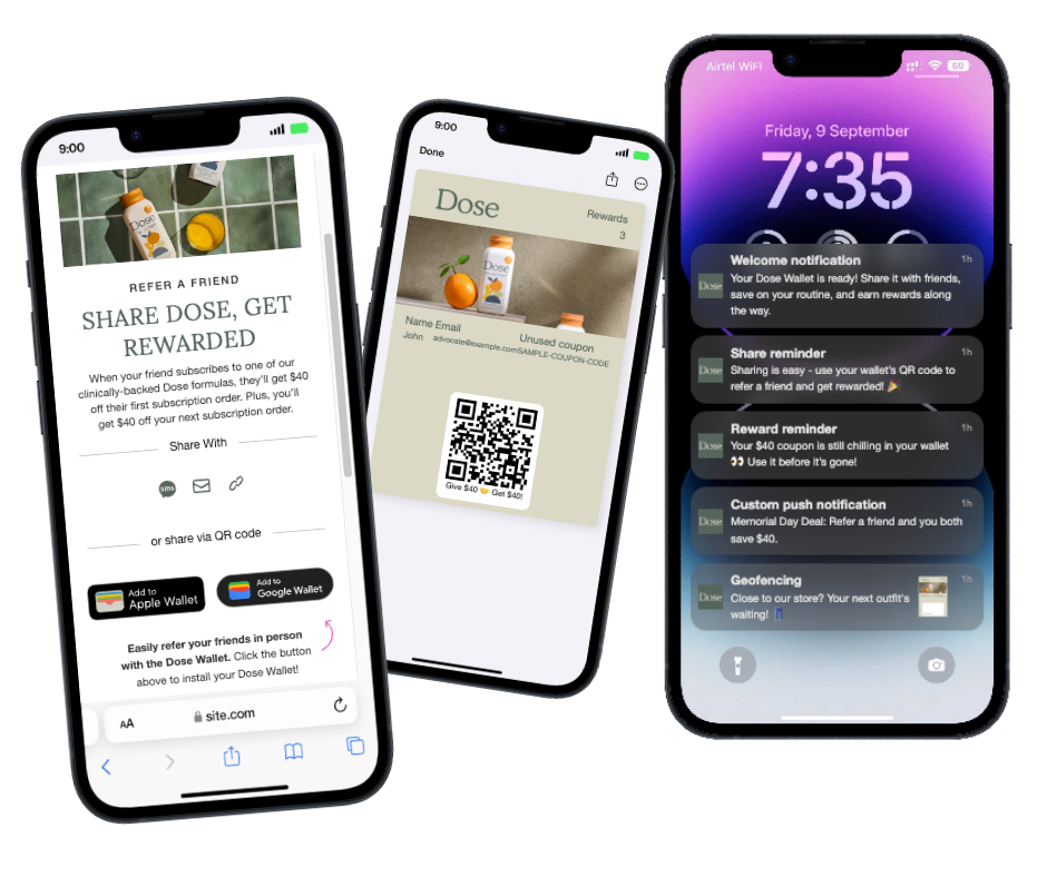 Dose Daily referral, Wallet pass, and Wallet push notification examples