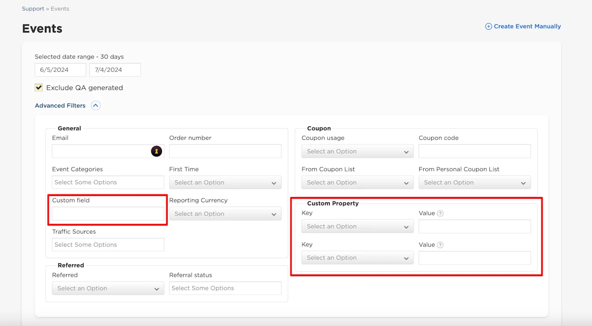 Custom Properties and Fields in Events and Purchases Reports