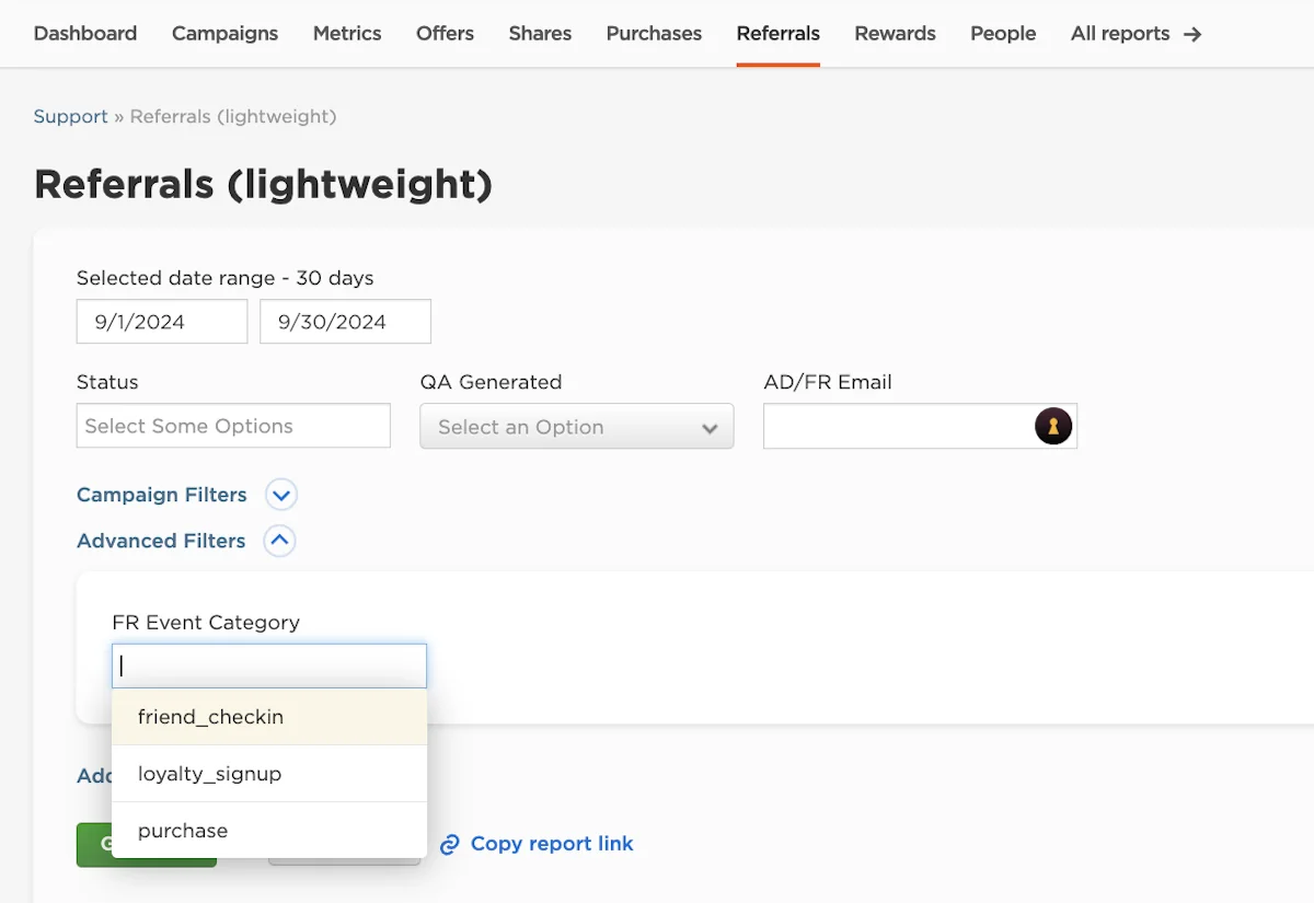 Referrals Lightweight Report: Event Category Filter