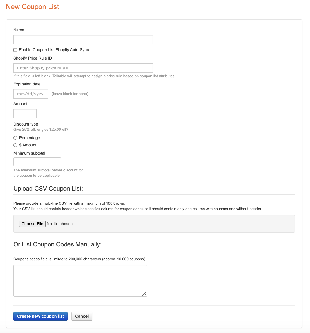 Talkable Coupon Codes Documentation